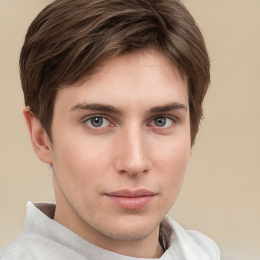 Neutral white young-adult male with short  brown hair and grey eyes