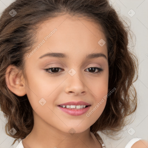 Joyful white child female with long  brown hair and brown eyes