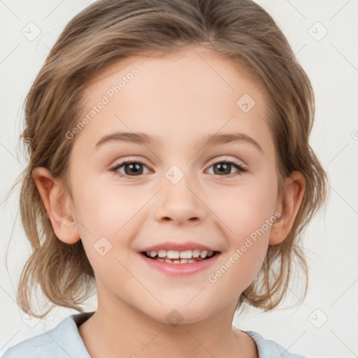 Joyful white child female with medium  brown hair and brown eyes