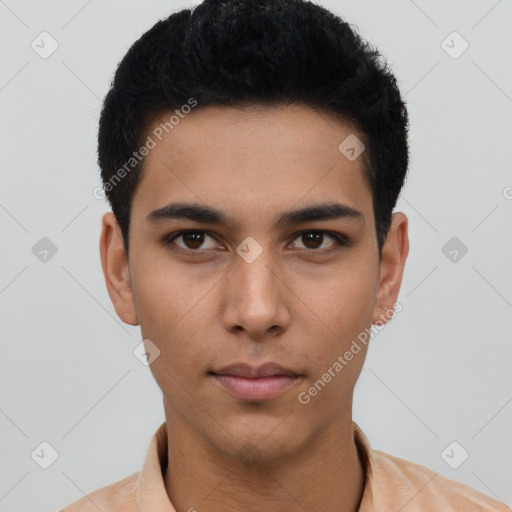 Neutral latino young-adult male with short  black hair and brown eyes