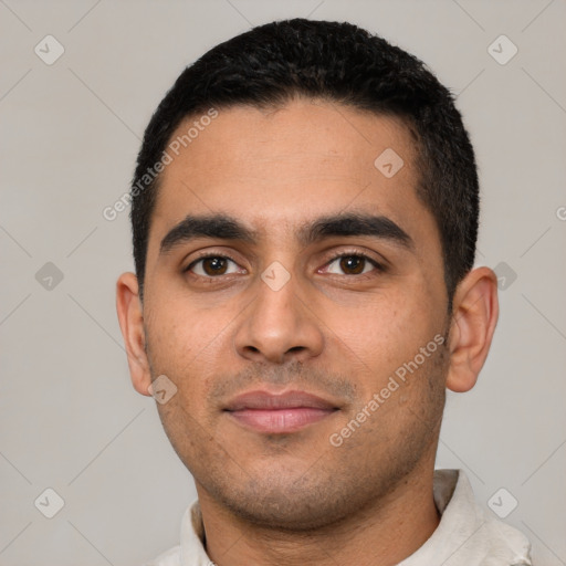 Neutral latino young-adult male with short  black hair and brown eyes