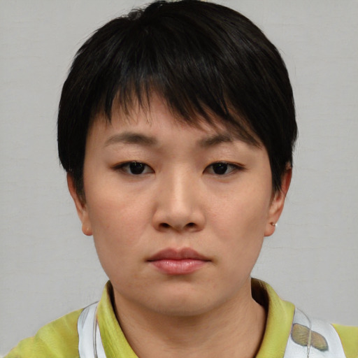 Neutral asian young-adult female with short  brown hair and brown eyes