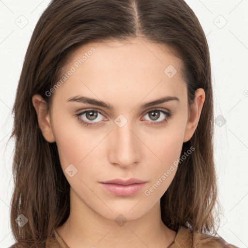 Neutral white young-adult female with long  brown hair and brown eyes