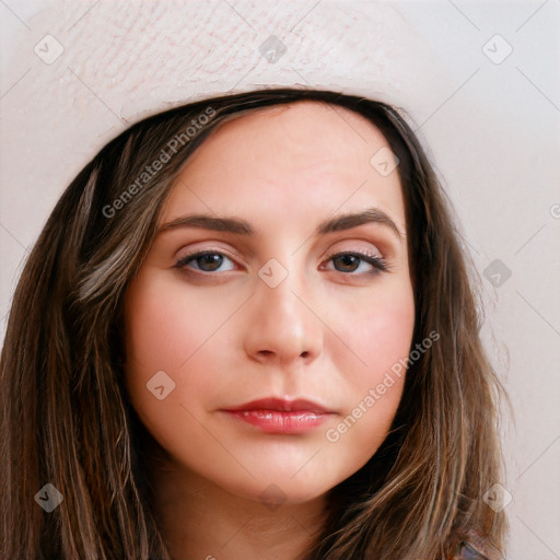 Neutral white young-adult female with long  brown hair and brown eyes