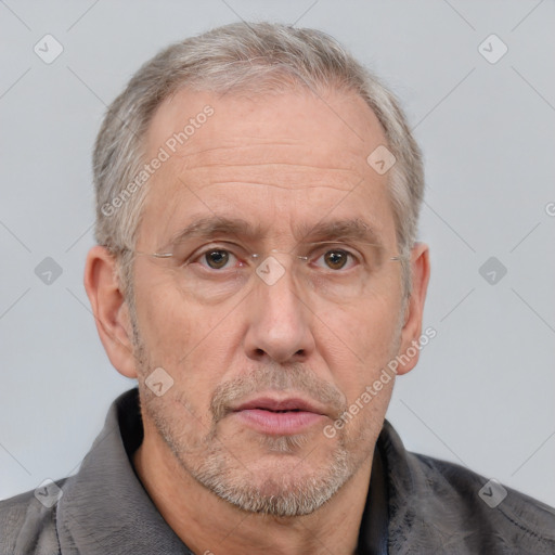 Neutral white middle-aged male with short  gray hair and brown eyes