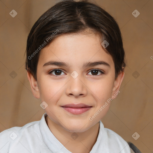 Joyful white child female with medium  brown hair and brown eyes