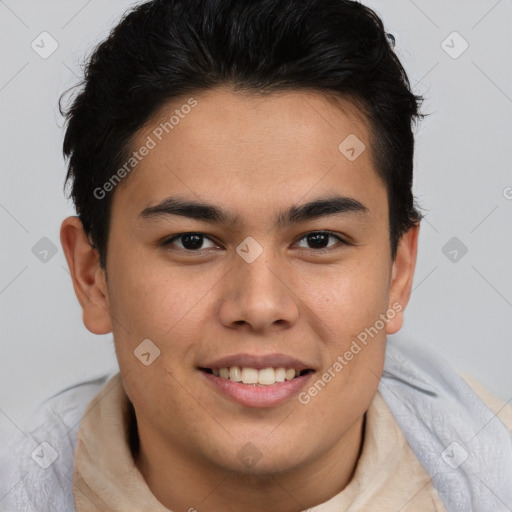 Joyful latino young-adult male with short  brown hair and brown eyes