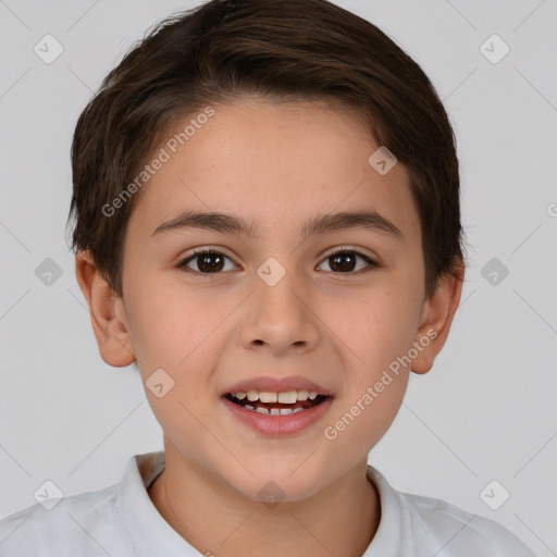 Joyful white child female with short  brown hair and brown eyes