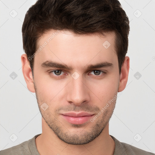 Neutral white young-adult male with short  brown hair and brown eyes