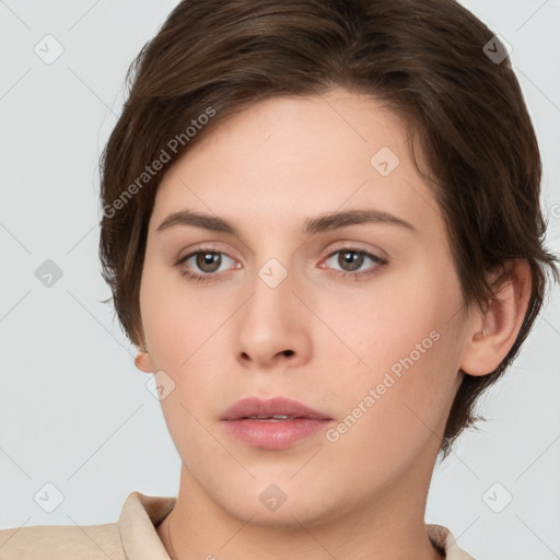 Neutral white young-adult female with medium  brown hair and brown eyes