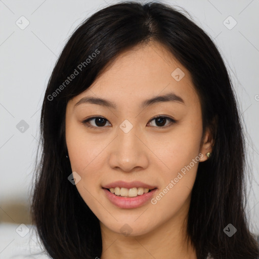 Joyful asian young-adult female with long  brown hair and brown eyes