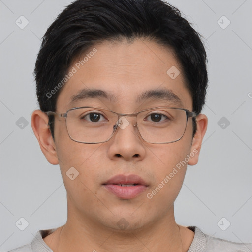 Neutral asian young-adult male with short  brown hair and brown eyes