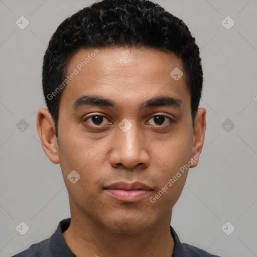 Neutral latino young-adult male with short  black hair and brown eyes