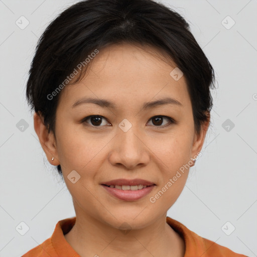 Joyful asian young-adult female with short  brown hair and brown eyes