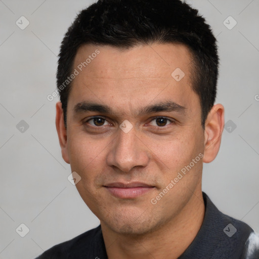 Joyful white young-adult male with short  black hair and brown eyes