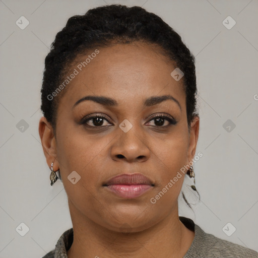 Neutral black young-adult female with short  brown hair and brown eyes