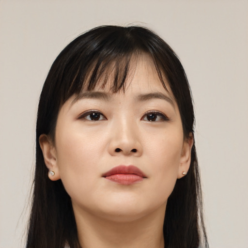 Neutral asian young-adult female with long  brown hair and brown eyes