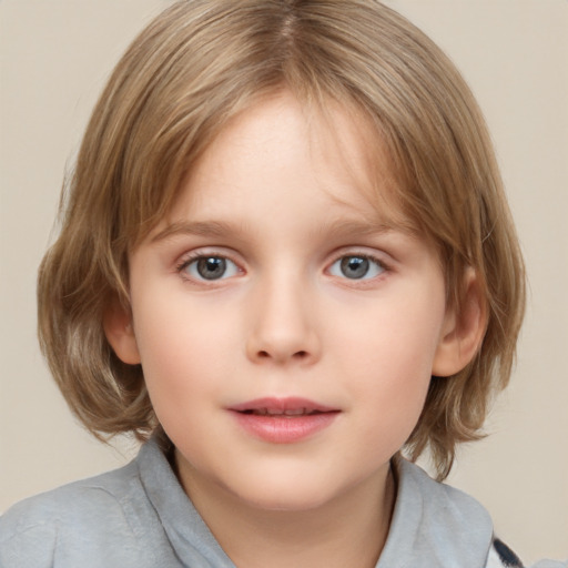 Neutral white child female with medium  brown hair and blue eyes