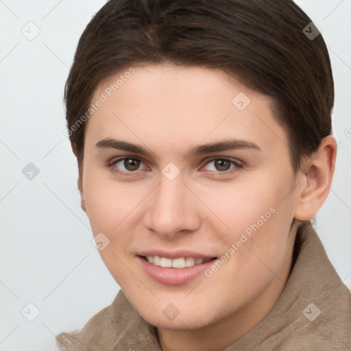 Joyful white young-adult female with short  brown hair and brown eyes