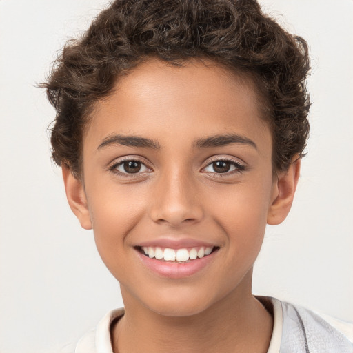 Joyful white child female with short  brown hair and brown eyes