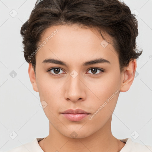 Neutral white young-adult female with short  brown hair and brown eyes