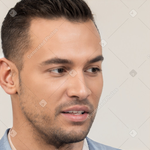 Neutral white young-adult male with short  brown hair and brown eyes