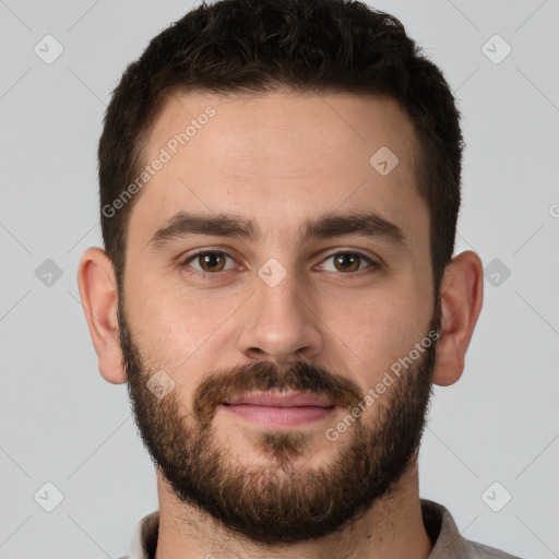 Neutral white young-adult male with short  brown hair and brown eyes