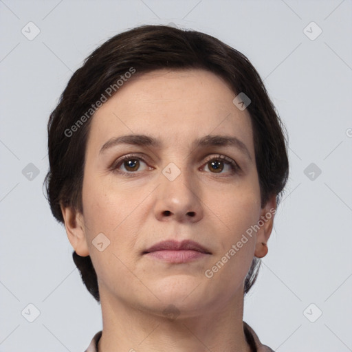 Neutral white young-adult female with short  brown hair and brown eyes