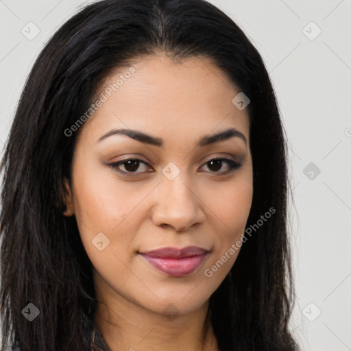 Joyful latino young-adult female with long  brown hair and brown eyes