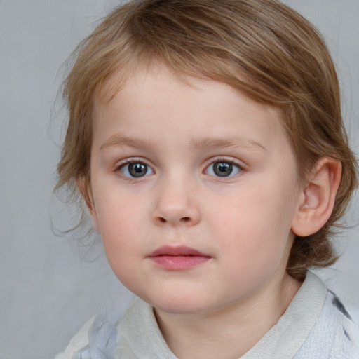 Neutral white child female with medium  brown hair and blue eyes