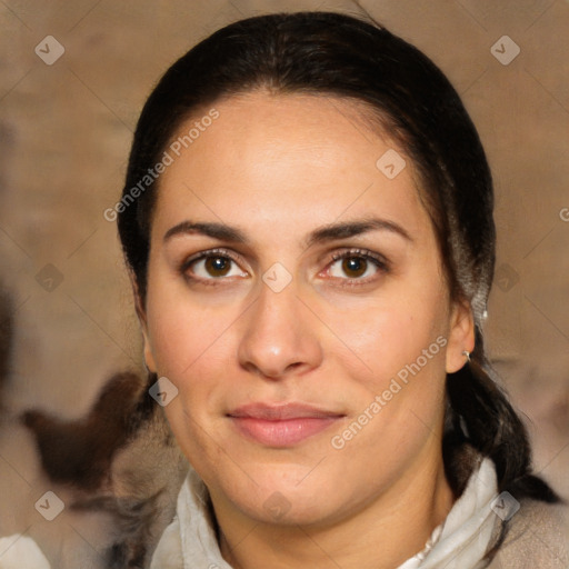 Joyful white young-adult female with medium  brown hair and brown eyes