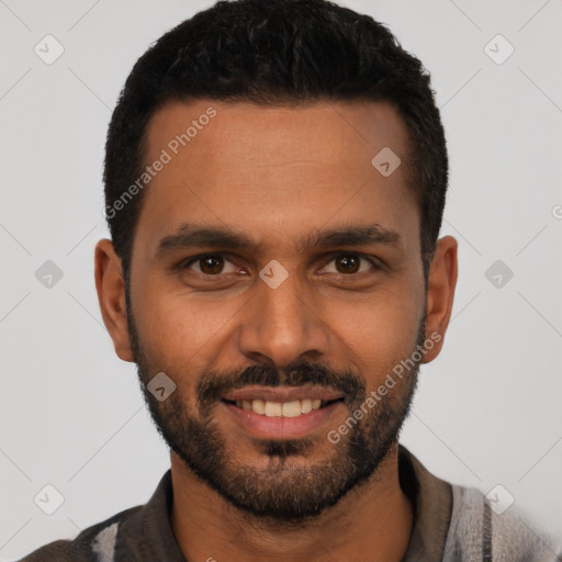 Joyful latino young-adult male with short  black hair and brown eyes