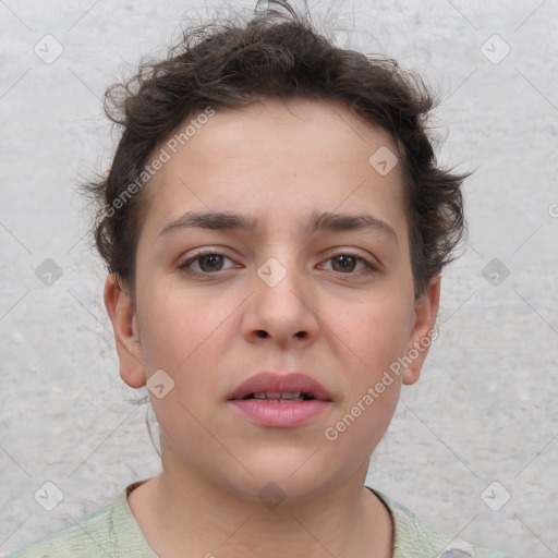 Neutral white young-adult female with short  brown hair and brown eyes