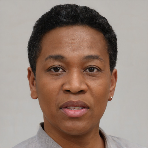 Joyful black adult male with short  black hair and brown eyes