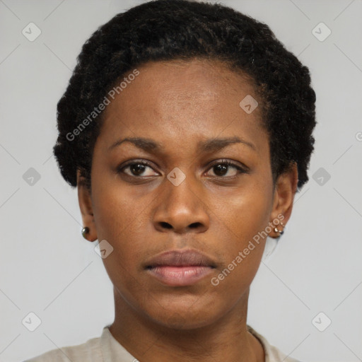 Neutral black young-adult female with short  black hair and brown eyes