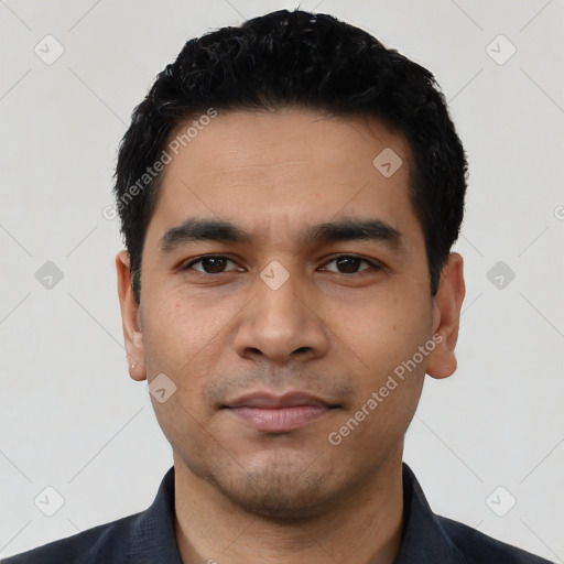 Neutral latino young-adult male with short  black hair and brown eyes