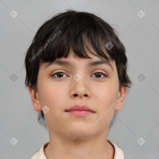 Neutral white young-adult female with short  brown hair and brown eyes