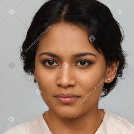 Joyful latino young-adult female with medium  black hair and brown eyes