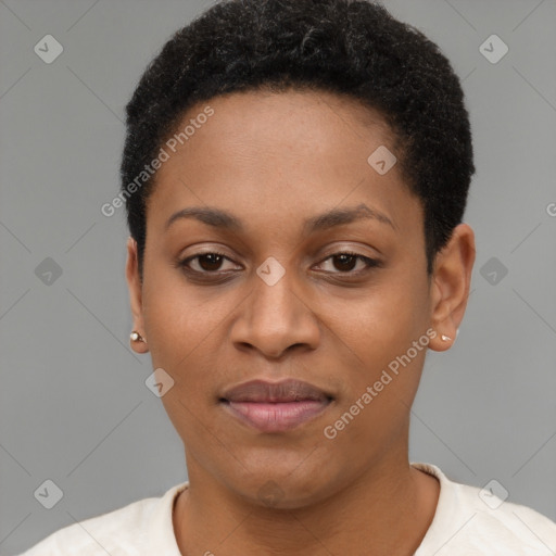 Joyful black young-adult female with short  black hair and brown eyes