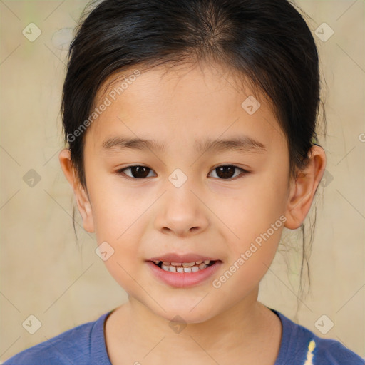 Joyful white child female with medium  brown hair and brown eyes