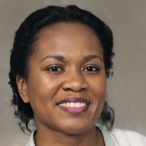 Joyful black young-adult female with medium  black hair and brown eyes