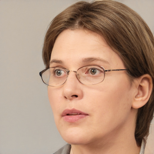 Neutral white adult female with medium  brown hair and grey eyes