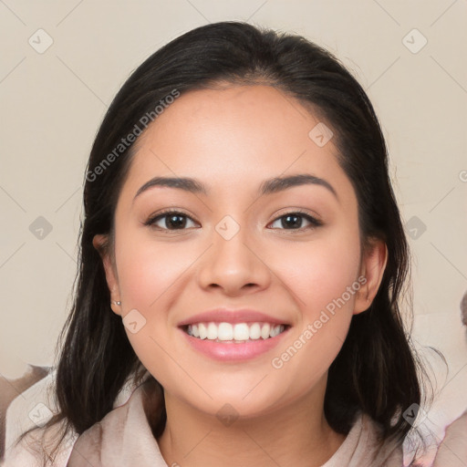 Joyful white young-adult female with medium  black hair and brown eyes