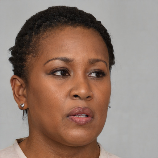 Neutral black young-adult female with short  brown hair and brown eyes