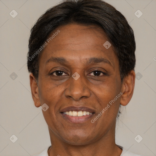 Joyful black adult female with short  brown hair and brown eyes