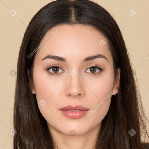 Neutral white young-adult female with long  brown hair and brown eyes