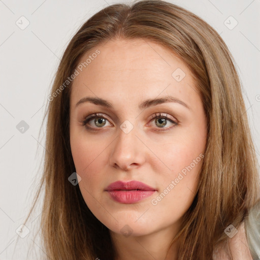 Neutral white young-adult female with long  brown hair and brown eyes