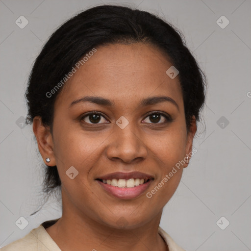 Joyful latino young-adult female with short  brown hair and brown eyes