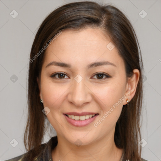 Joyful white young-adult female with medium  brown hair and brown eyes