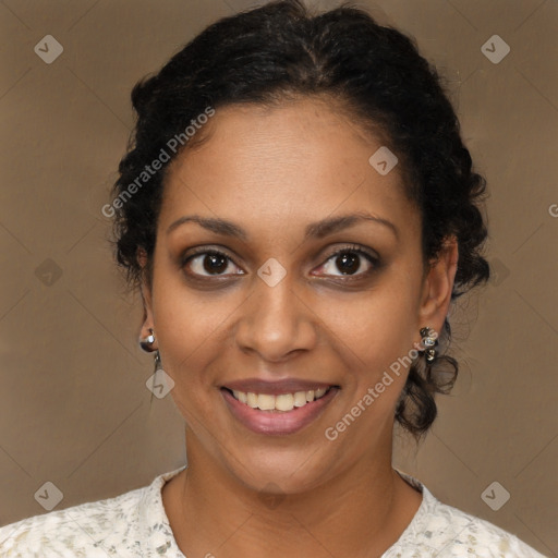 Joyful black young-adult female with medium  brown hair and brown eyes